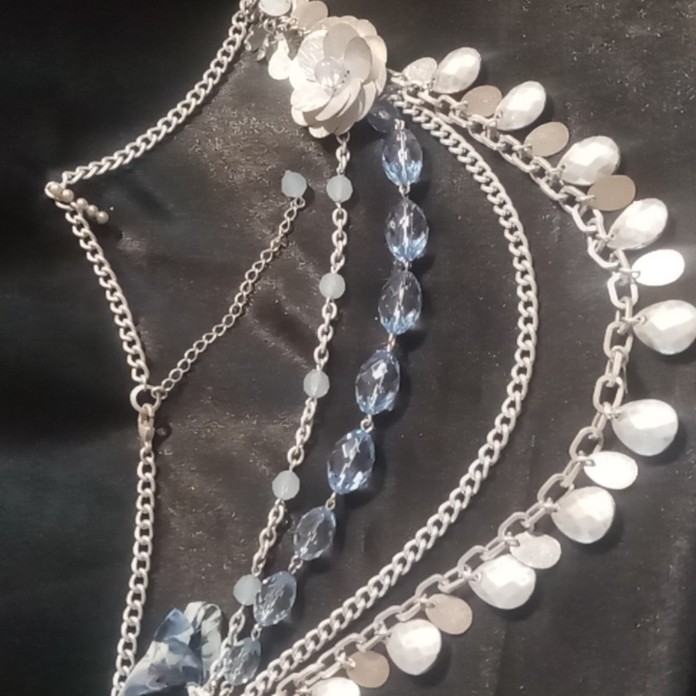 Ann Taylor layered silver tone & blue chunky chain & beaded necklace.